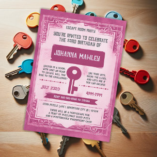 BUDGET Pink Grunge Escape Room Birthday Party Invitation