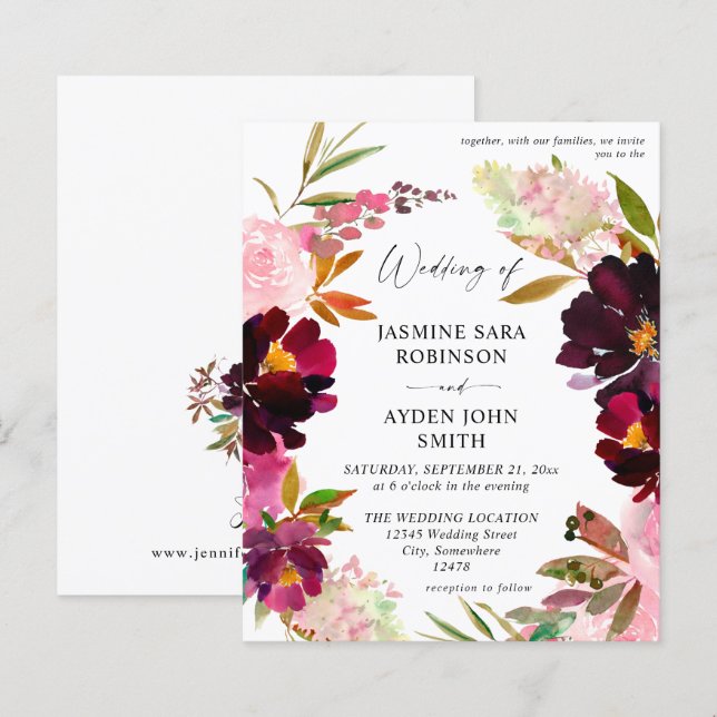Budget Pink- Hot Blush & Purple Floral Wedding V2 (Front/Back)