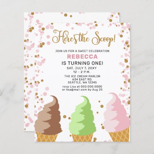 Budget Pink Ice cream party Birthday invitation