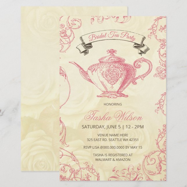 Budget Pink Ivory Vintage Bridal Tea Invitation (Front/Back)