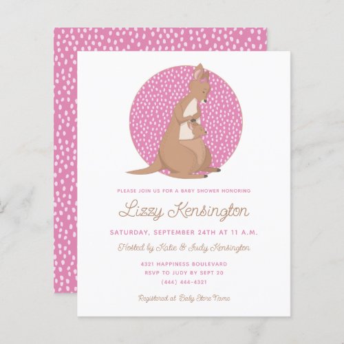 Budget Pink Kangaroo Baby Girl Shower Invitation