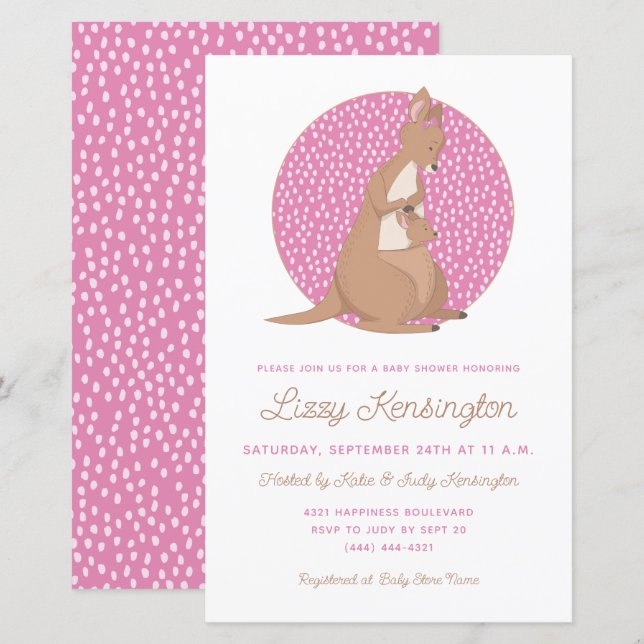 Budget Pink Kangaroo Baby Girl Shower Invitation (Front/Back)