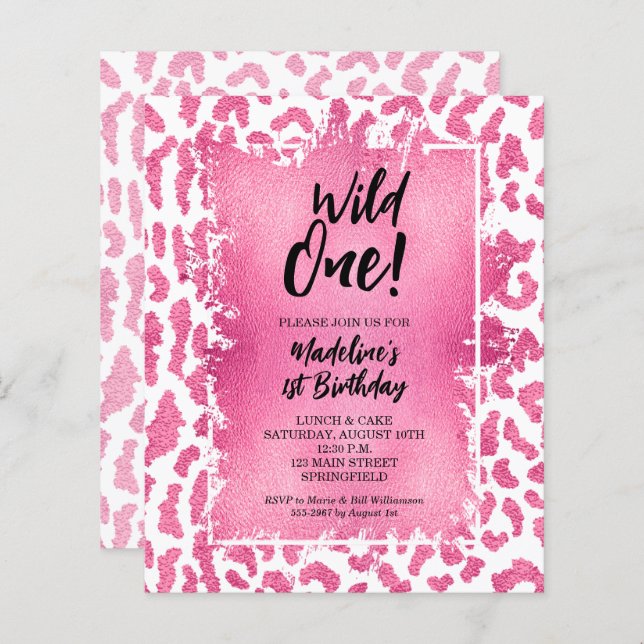 Budget Pink Leopard Wild One 1st Birthday Invites (Front/Back)
