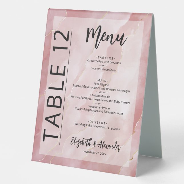 Budget Pink Marble Wedding Menu Table Number Tent (Front)