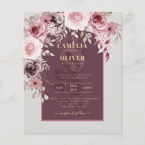 BUDGET Pink Maroon Wine Floral Wedding INVITE Flyer