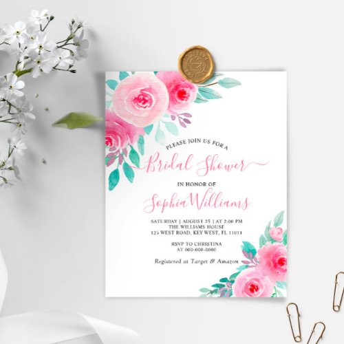 Budget Pink  Mint Floral Bridal Shower Invitation