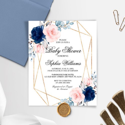 Budget Pink  Navy Blue Baby Shower Invitation