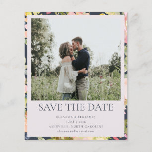 Budget Pink Navy Floral Photo Save The Date Card