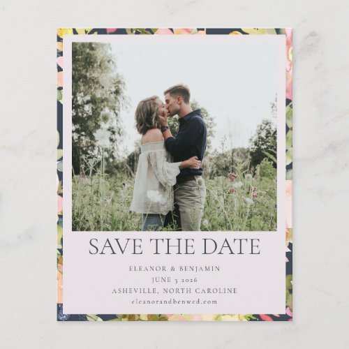 Budget Pink Navy Floral Photo Save The Date Card