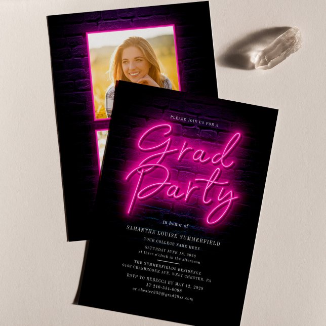 Budget Pink Neon Photo Graduation Party Invitation (Graduation Script Neon Pink Grad Photos Grad Party Invitation)