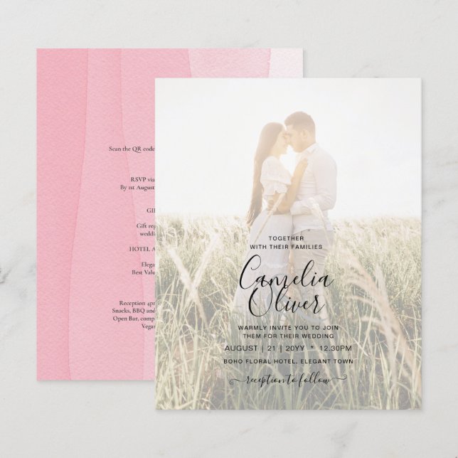 BUDGET Pink Ombre PHOTO OVERLAY Wedding Invites (Front/Back)