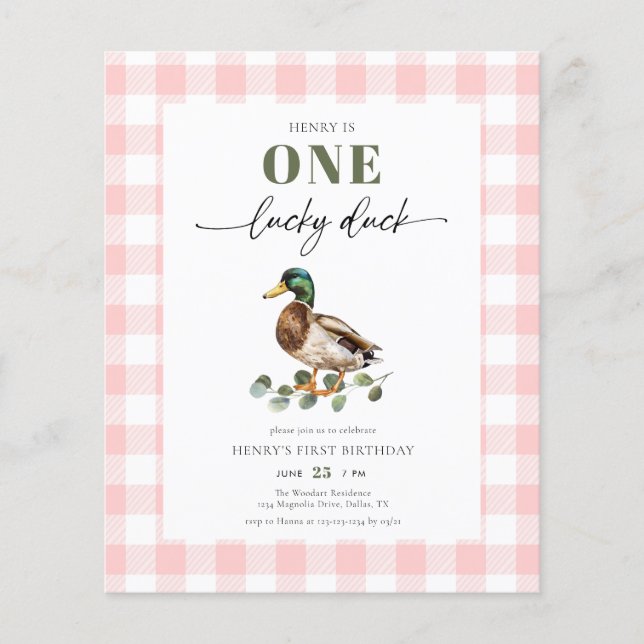 Budget Pink One Lucky Duck Girl 1st Birthday Flyer (Front)