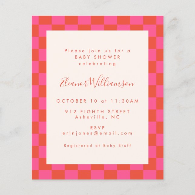 Budget Pink Orange Checkerboard Baby Shower Invite (Front)