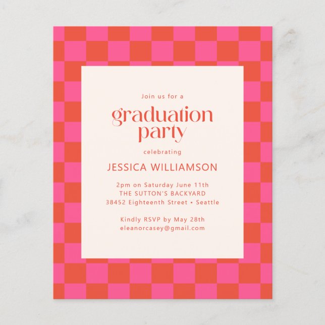Budget Pink Orange Checkerboard Graduation Invite (Front)