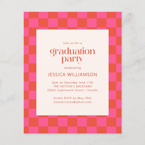 Budget Pink Orange Checkerboard Graduation Invite