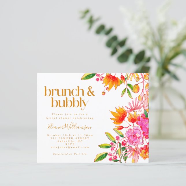 Budget Pink Orange Floral Brunch Bubbly Invite (Standing Front)