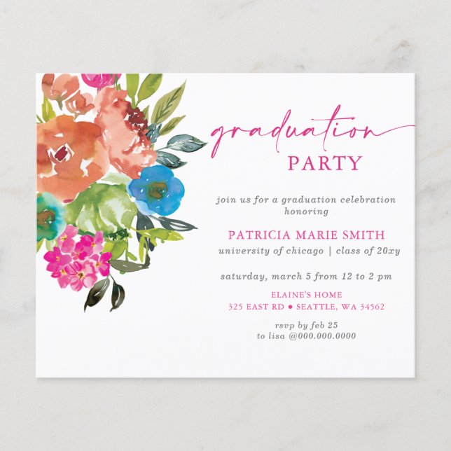 Budget Pink Orange Floral Graduation Party Invite (Front)