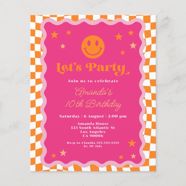 Budget Pink Orange Happy Face Wavy Birthday Invite (Front)