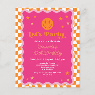 Budget Pink Orange Happy Face Wavy Birthday Invite