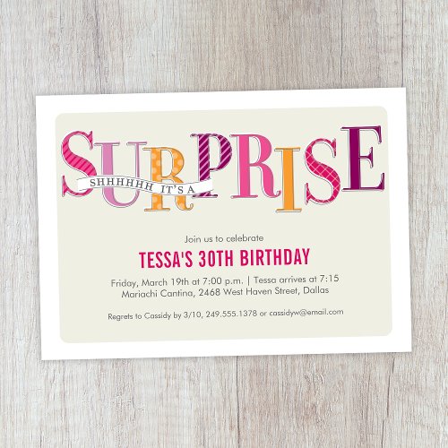 Budget Pink Patterned Surprise Party Invitation
