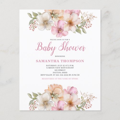 Budget Pink Peach Floral Baby Shower Invitation Flyer