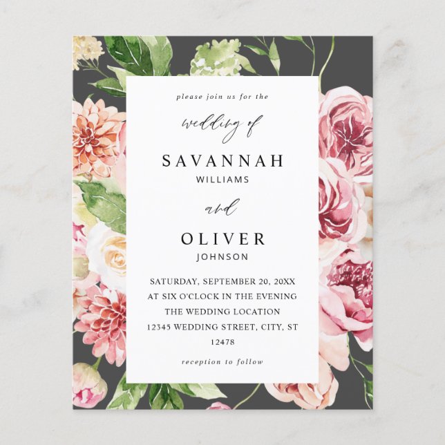 Budget Pink & Peach Floral & Greenery Wedding Gray Flyer (Front)