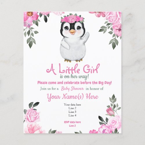 Budget Pink Penguin Floral Baby Shower Flyer