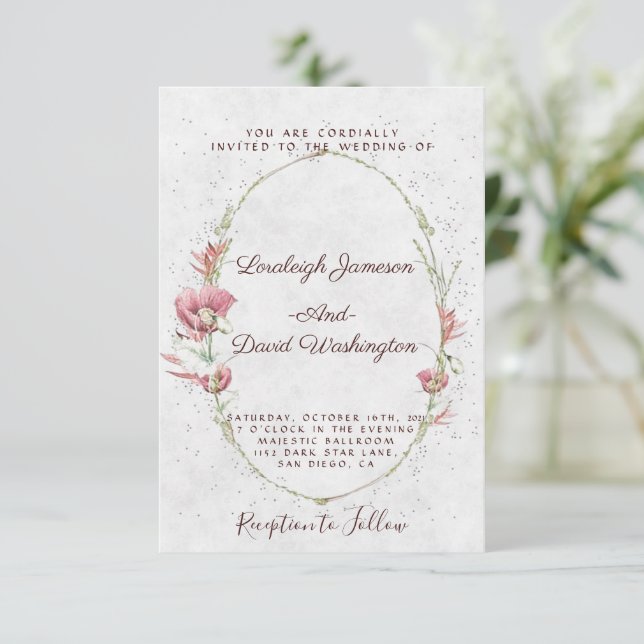 Budget Pink poppies wedding invitation (Standing Front)