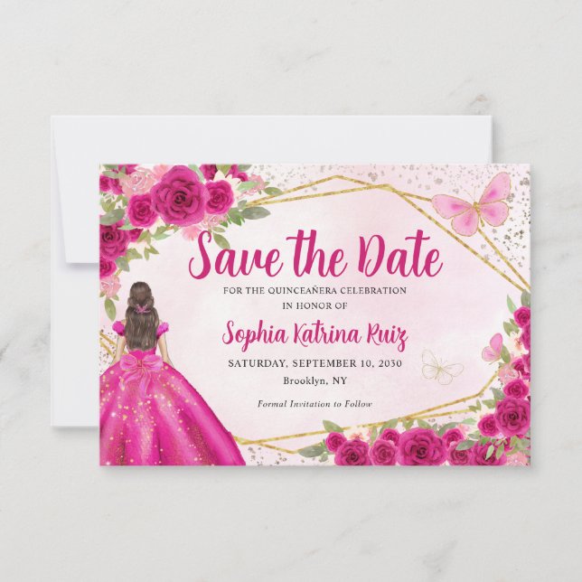 Budget Pink Princess Quinceañera Save the Date Note Card (Front)