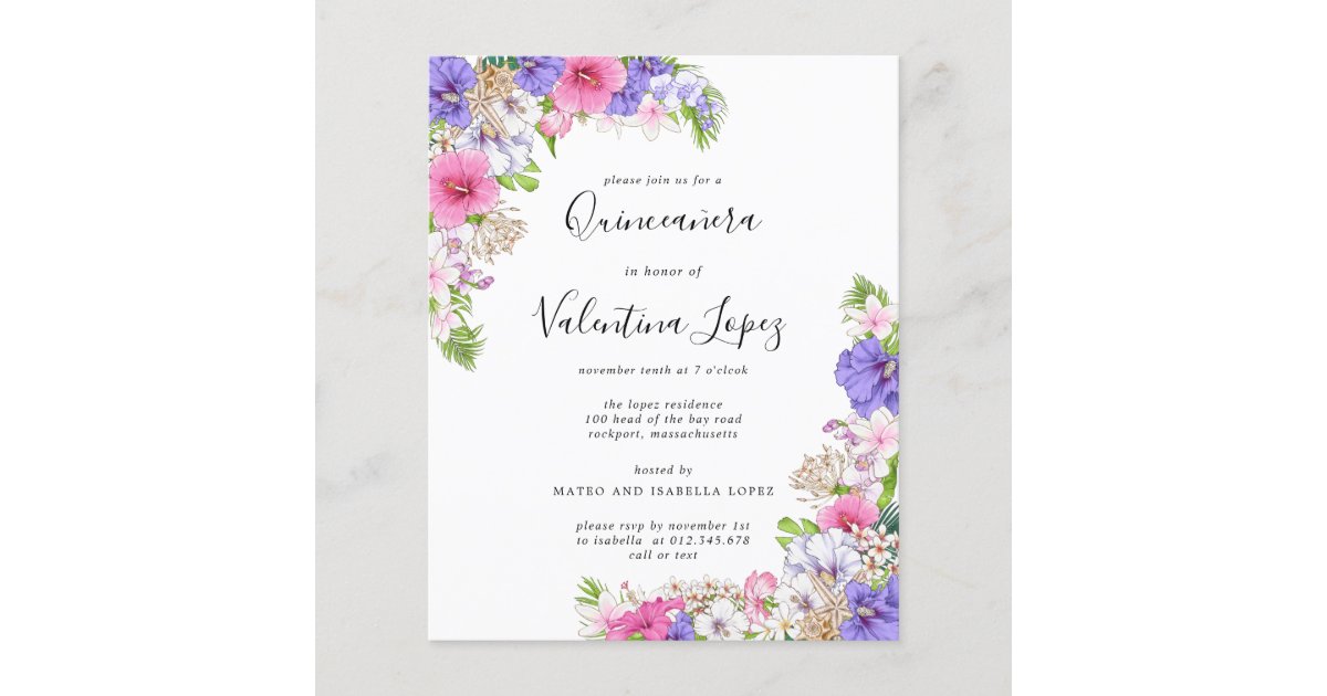 Budget Pink Purple Tropical Quinceanera Invitation | Zazzle