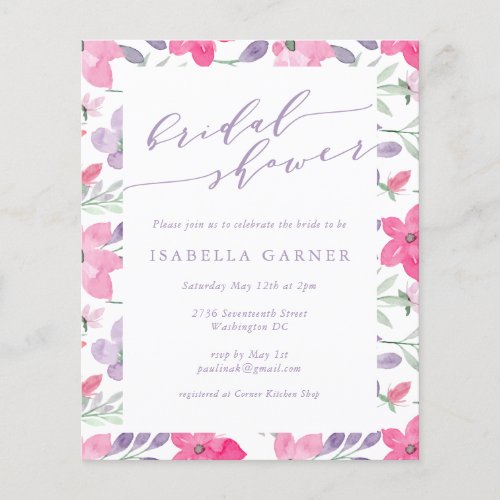 Budget Pink Purple Watercolor Floral Bridal Shower