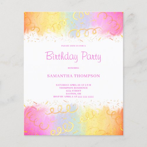 Budget Pink Rainbow Confetti Birthday Invitation