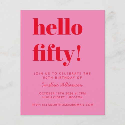Budget Pink Red 50th Birthday Party Invitation