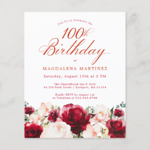 Budget Pink Red Floral 100th Birthday Invite