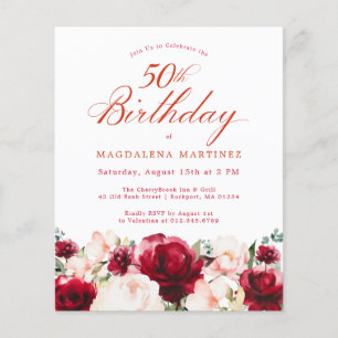 Budget Pink Red Floral 50th Birthday Invite