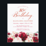 Budget Pink Red Floral 80th Birthday Invite<br><div class="desc">Red roses and blush pink peonies are nestled in dark green leaves on this beautiful and unique birthday invitation.</div>