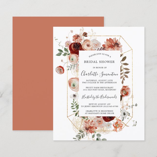 Budget Pink Red Gold Bridal Shower Invitation (Front/Back)