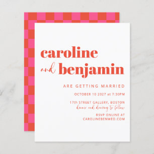 Budget Pink Red Simple Checkerboard Wedding Invite