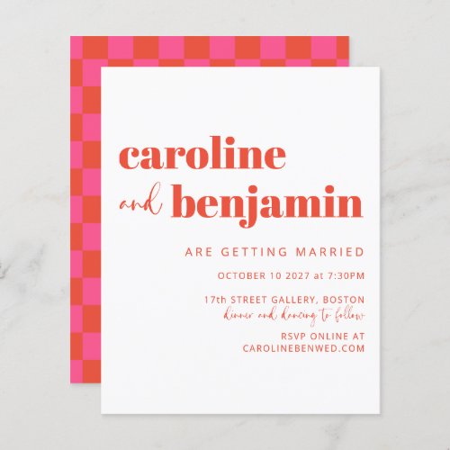 Budget Pink Red Simple Checkerboard Wedding Invite