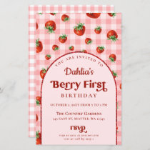 Budget Pink Red Strawberry 1st Birthday Invitation