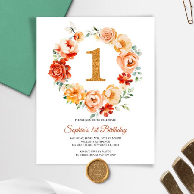 Budget Pink & Red Wreath 1st Birthday Invitation (Creator Uploaded)