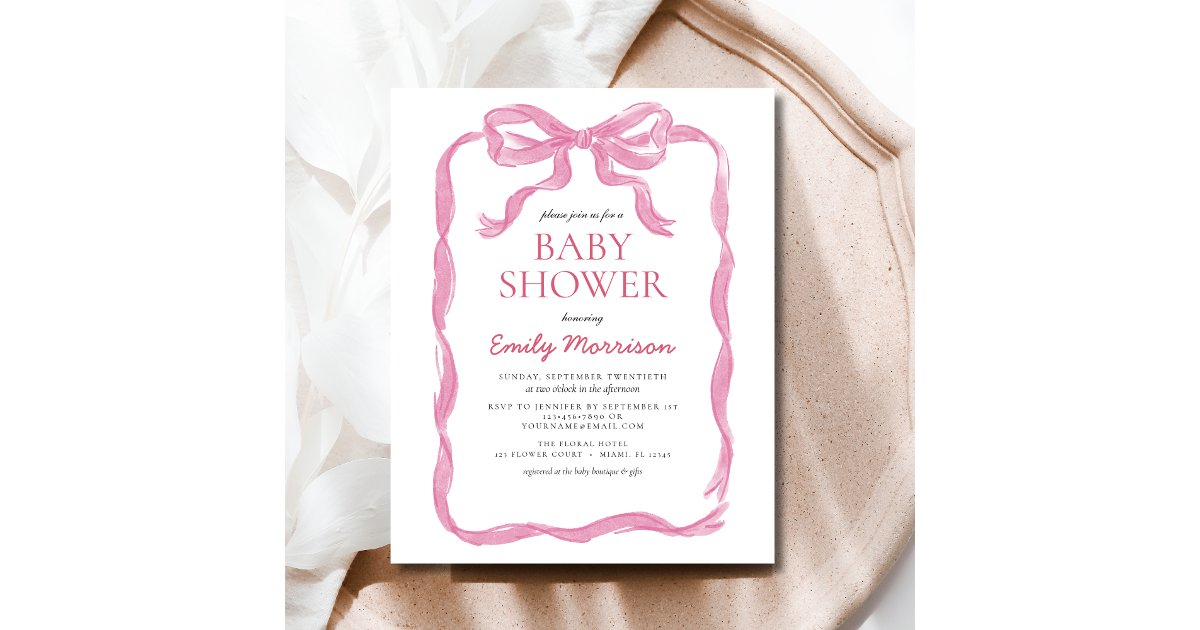 Budget Pink Ribbon Watercolor Bow Girl Baby Shower | Zazzle
