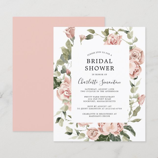 Budget Pink Rose Floral Bridal Shower Invitation (Front/Back)