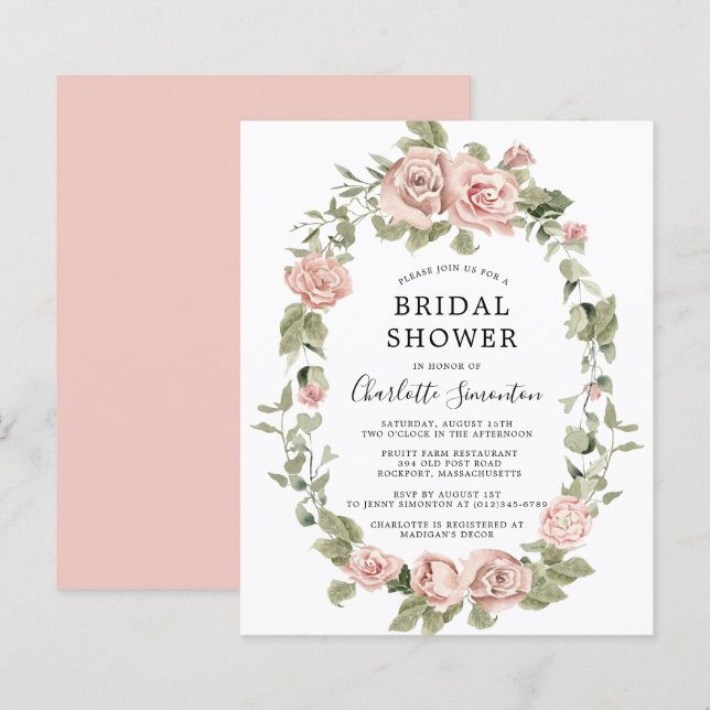 Budget Pink Rose Floral Bridal Shower Invitation (Front/Back)