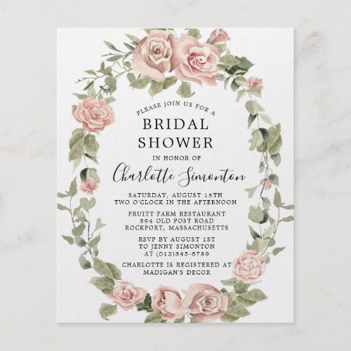 Budget Pink Rose Floral Bridal Shower Invitation Flyer