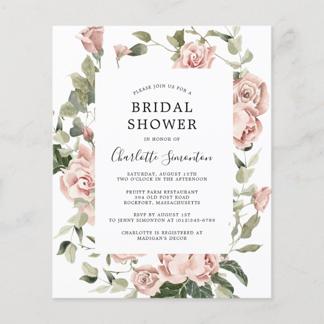 Budget Pink Rose Floral Bridal Shower Invitation Flyer (Front)