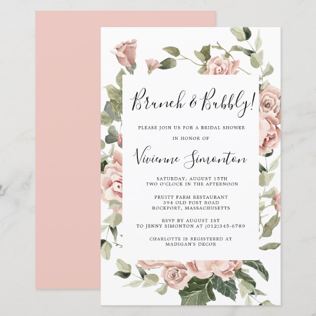 Budget Pink Rose Floral Brunch Bubbly Invitation (Front/Back)