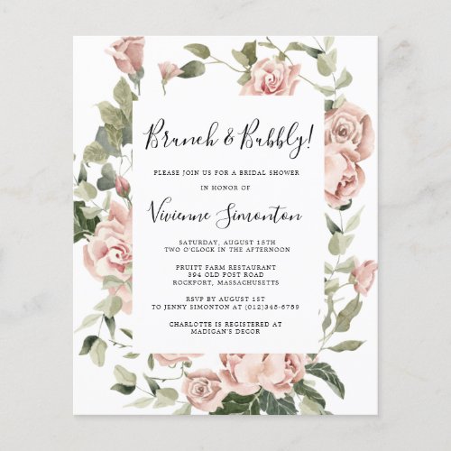 Budget Pink Rose Floral Brunch Bubbly Invitation Flyer
