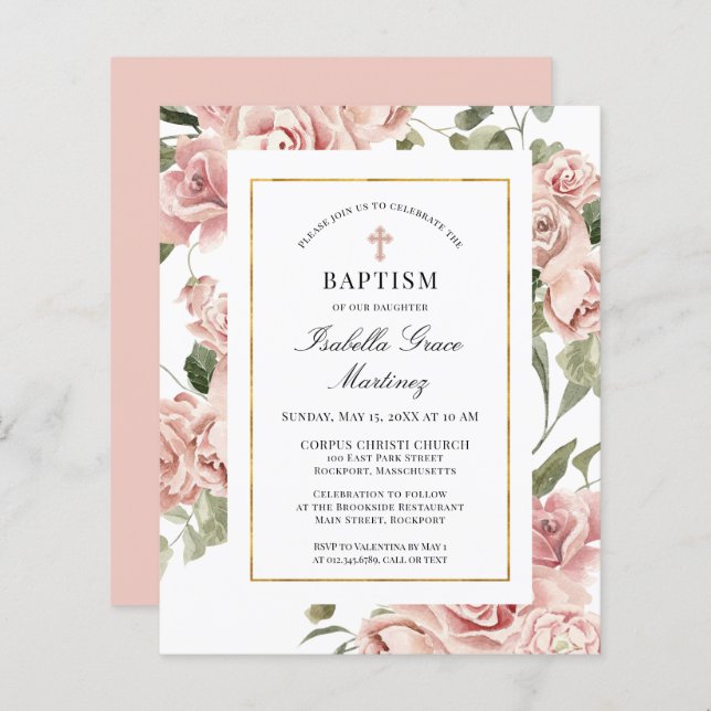 Budget Pink Rose Floral Cross Baptism Invitation (Front/Back)
