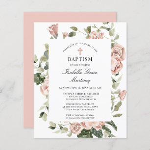 Budget Pink Rose Floral Cross Baptism Invitation